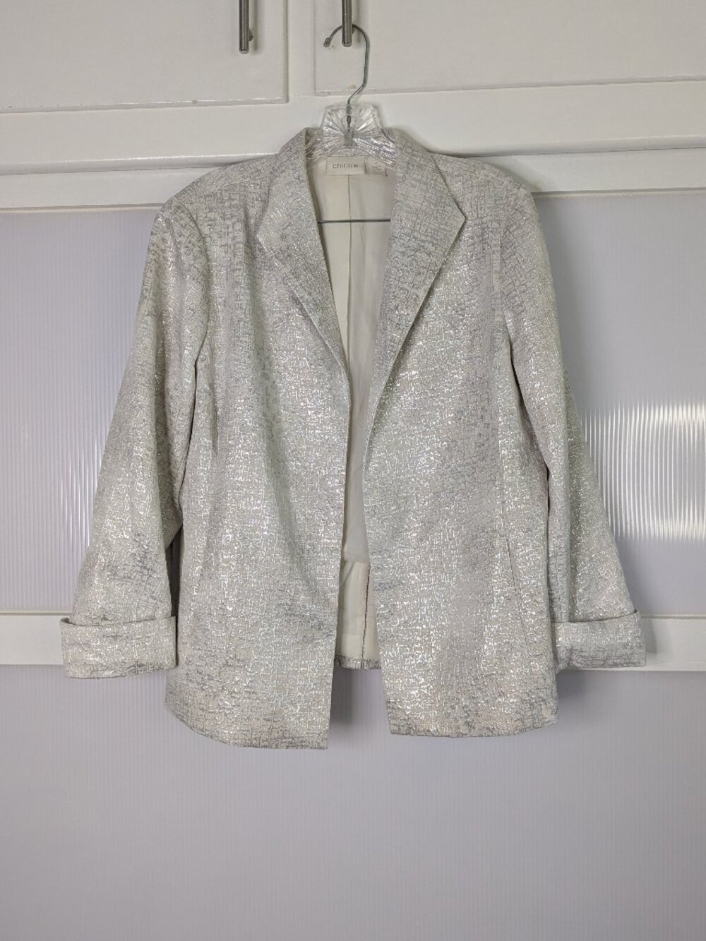 Chico's Silver Metallic Blazer Collared Open Front Size 2 Large Maximalism Glam
